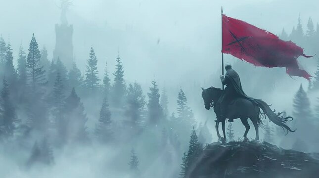 Knight on horse with red flag in misty pine forest
 Seamless looping 4k time-lapse virtual video animation background. Generated AI