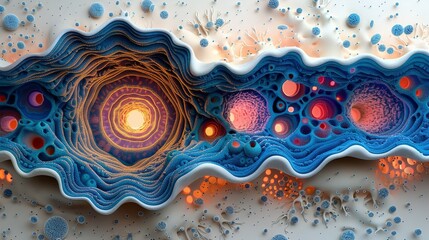 A detailed illustration of biological cells, showing their structure and complexity, ideal for scientific textbooks, medical websites, and educational materials. Illustration, Minimalism,