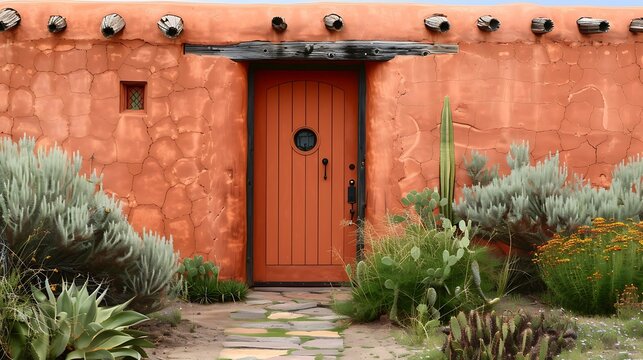 door painted in rich terracotta, nestled within an entry framed by traditional adobe walls and complemented by native desert landscaping