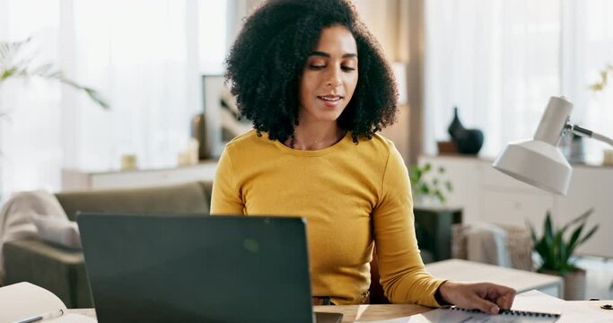 Laptop, remote work and woman with document in home office for research, typing or reading report. Computer, happy freelancer and check paperwork for copywriting blog, article or online information