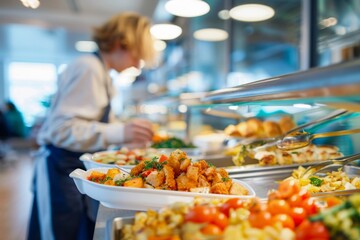 Obraz premium Self-service buffet line with variety of dishes, cafeteria and catering concept