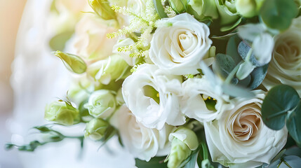 Details of the wedding morning Wedding bouquet Brides bouquet of rose flowers white eustoma and green eucalyptus selective focus : Generative AI