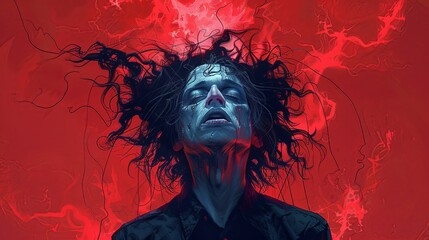 Fototapeta premium A psychotic character, with wild hair and a crazed expression, depicted in a dramatic pose, perfect for horror illustrations, thriller book covers, and psychological thriller advertisements.