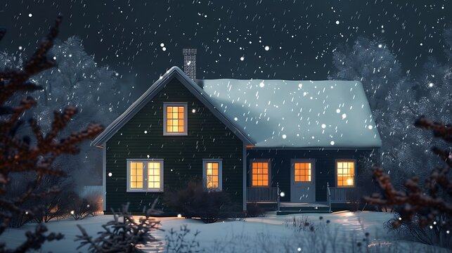 New England saltbox house in dark hunter green, with snow gently falling and a warm light glowing from windows
