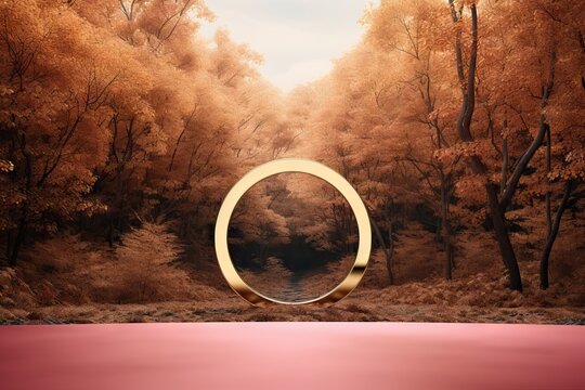 Golden podium in tropical forest with trees and plants around. Luxury product presentation. Organic healthy natural products. Empty display template for cosmetic or perfume presentation