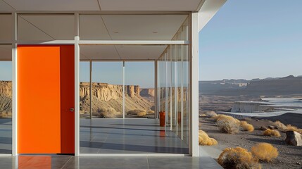 fiery orange door on a modern desert home, with large windows that offer views of the stark, beautiful landscape