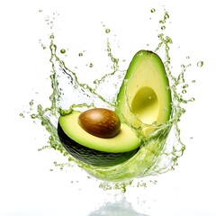 Fresh Avocado and splash of water on white background