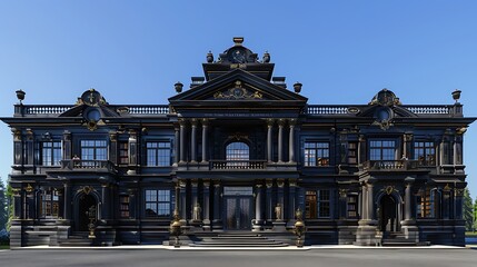 Naklejka premium regal library with a rich black exterior, classical architecture, and a grand entrance, under a clear blue sky