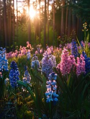 Obraz premium A field of vibrant purple and blue flowers alongside a dense forest, perfect for nature, landscape or botanical use