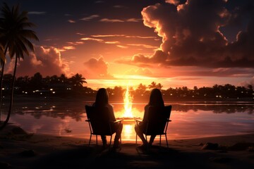 Obraz premium A couple sits in beach chairs, savoring the breathtaking sunset over the water as a bonfire flickers, creating a warm and romantic atmosphere by the tranquil seaside.