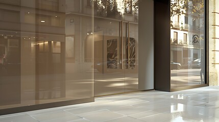 Naklejka premium glossy taupe door on a contemporary art gallery, with clean lines and a facade that plays with light and shadow