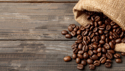 A bag of coffee beans is spread out on a wooden table