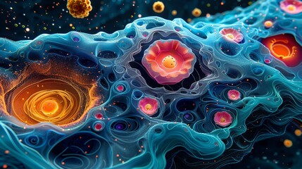 A detailed illustration of biological cells, showing their structure and complexity, ideal for scientific textbooks, medical websites, and educational materials. Illustration, Minimalism,