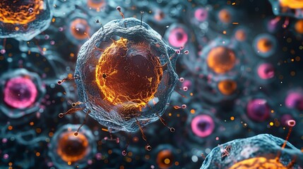 A detailed illustration of biological cells, showing their structure and complexity, ideal for scientific textbooks, medical websites, and educational materials. Illustration, Minimalism,