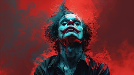 A psychotic character, with wild hair and a crazed expression, depicted in a dramatic pose, perfect for horror illustrations, thriller book covers, and psychological thriller advertisements.