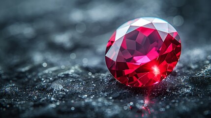 Naklejka premium A vibrant red ruby gemstone, beautifully faceted and glowing, set against a dark backdrop, ideal for luxury jewelry and high-end advertisements. Illustration, Minimalism,