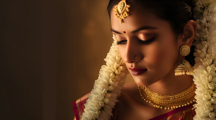 An image of a model as a Kerala Hindu Bride in saree and wearing gold ornaments and jasmine flower garlands : Generative AI