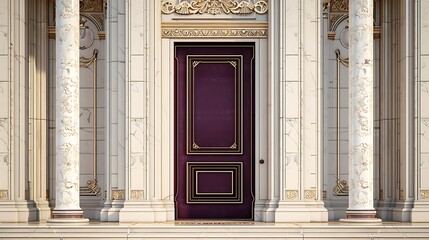 luxurious entryway with a deep burgundy door, set against a facade of cream-colored marble and gold filigree