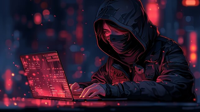 An intense hacktivist character, with a dark hoodie and mask, typing on a laptop, set against a digital background, perfect for cyber security and activism-themed illustrations. Illustration,