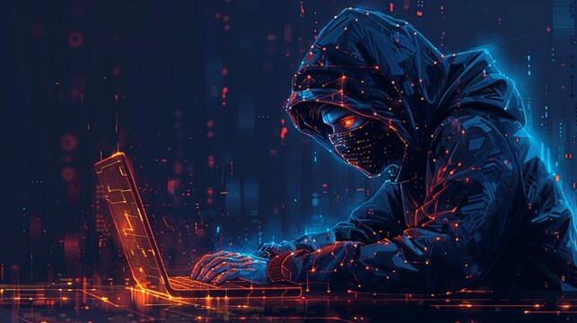 An intense hacktivist character, with a dark hoodie and mask, typing on a laptop, set against a digital background, perfect for cyber security and activism-themed illustrations. Illustration,