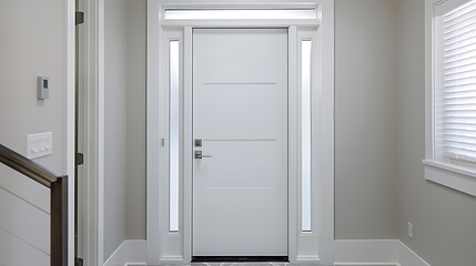 minimalist entry with a matte white door, framed by frosted glass panels and a clean-lined silver door handle