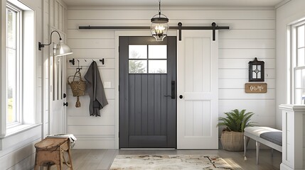 modern farmhouse entryway with a charcoal gray door, accented by white trim and rustic barn lighting
