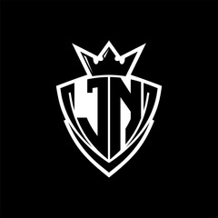 JN Letter logo with sharp triangle shield shape with crown inside white outline on black background template design