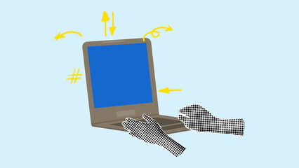 Halftone Collage business theme pop art style. Effect cut paper from newspaper. Hands typing on laptop. Design banner poster advertising materials. Vector illustration.