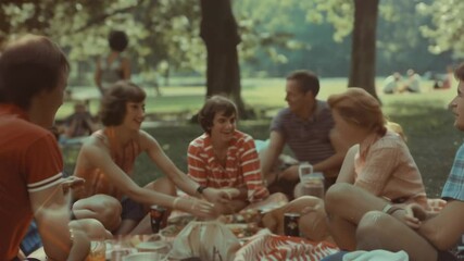 Retro scene of family enjoying picnic in lush park. Adults and children gathered around blanket with food. Warm color palette evokes 1970s era. Trees and greenery frame the group. 