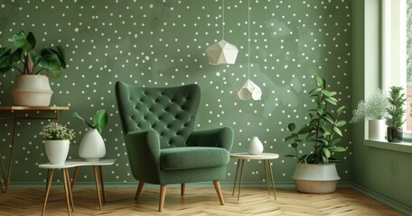 Green Upholstered Armchair In Modern Living Room With Geometric Wall Decor