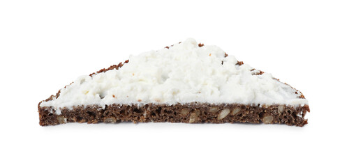 Delicious fresh ricotta (cream cheese) on piece of bread isolated on white
