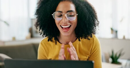 Black woman, online and laptop in home with celebration for promotion, achievement and positive feedback for career. Girl, success and internet with good news, opportunity and work or job recognition