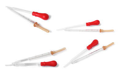Pipettes isolated on white, set. Medical equipment