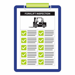 Vector illustration of forklift safety inspection checklist document. Paper board holder with green checkmark point of checking.  © wijas