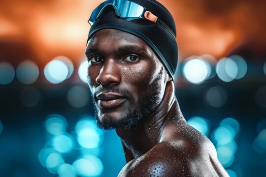Dramatic side portrait of a determined swimmer in cap preparing for the next lap, illuminated by cool pool lights that underscore concentration, breath control and elite aquatic performance.