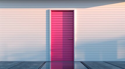 Obraz premium sleek, hot pink door on a modern minimalist house with white walls and clean lines, reflecting the early morning sun
