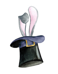 Watercolor illusionist hat with bunny ears. Circus magic trick illustration isolated on white background
