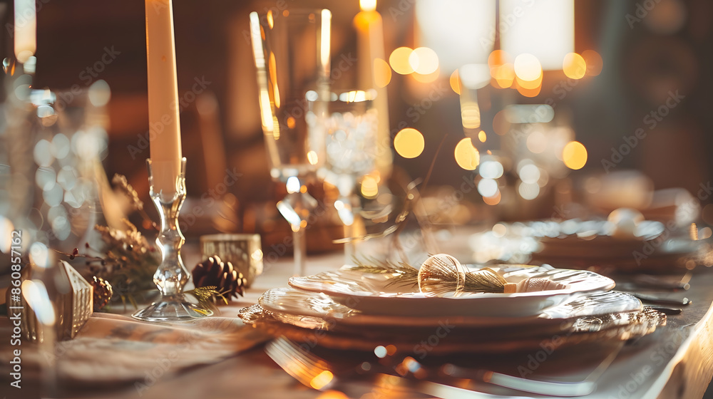 Poster festive table setting for birthday or wedding in style of rustic boho decor in natural colors select