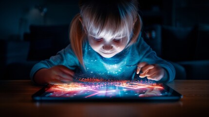 a child exploring a digital world through a tablet, blending technology with education with focus on, e-learning theme