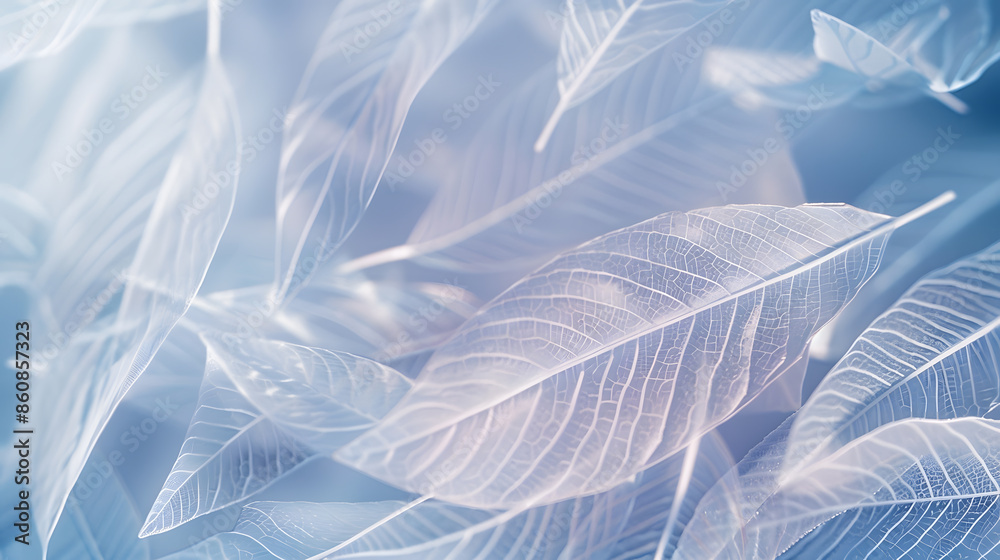 Poster transparent skeleton leaves of pearl color selective focus design for wedding cards delicate abstrac