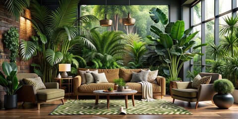 Lush jungle living room with tropical plants, animal prints, and earthy tones, Jungle, living room
