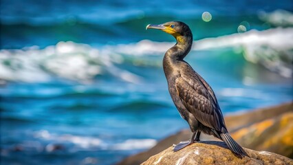 Fototapeta premium A close-up photo of a Brandt's cormorant perched on a rock by the ocean, bird, wildlife, nature, seabird, marine, coastal, feathers