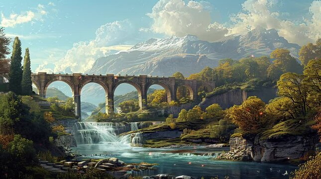 Impressive bridge with high pillars spanning over the river. Architectural marvel in a scenic setting.
 Seamless looping 4k time-lapse virtual video animation background. Generated AI