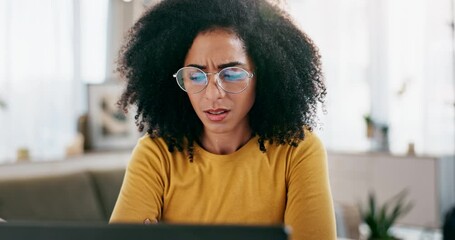Confused, businesswoman and laptop for thinking at home for remote work, research and bad feedback. Frustrated, female person or editor and computer for email, connection and trouble writing article - Powered by Adobe