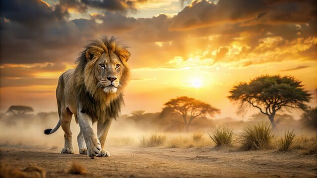 Majestic lion stalking through savanna at sunset with dusty piles in style , lion, savanna, sunset, majestic, stalking, dusty