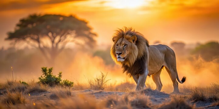 Majestic lion stalking in savanna under warm sunset lighting with dusty piles , lion, savanna, sunset, majestic, stalking, wildlife - Powered by Adobe