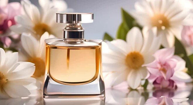A bottle of perfume with flowers and petals. Beauty product background.