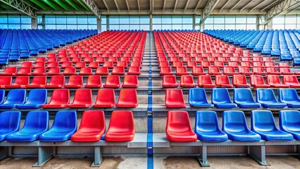 Bench in a football stadium with red and blue seats, sports, stadium, seating, red, blue, empty, arena, soccer