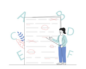Mistakes in test correction. Woman stands by article and corrects mistakes. Proofreader or teacher checks text. Incorrect document. Linear flat vector illustration