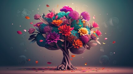 Human brain tree with flowers, self care and mental health concept, positive thinking, creative mind